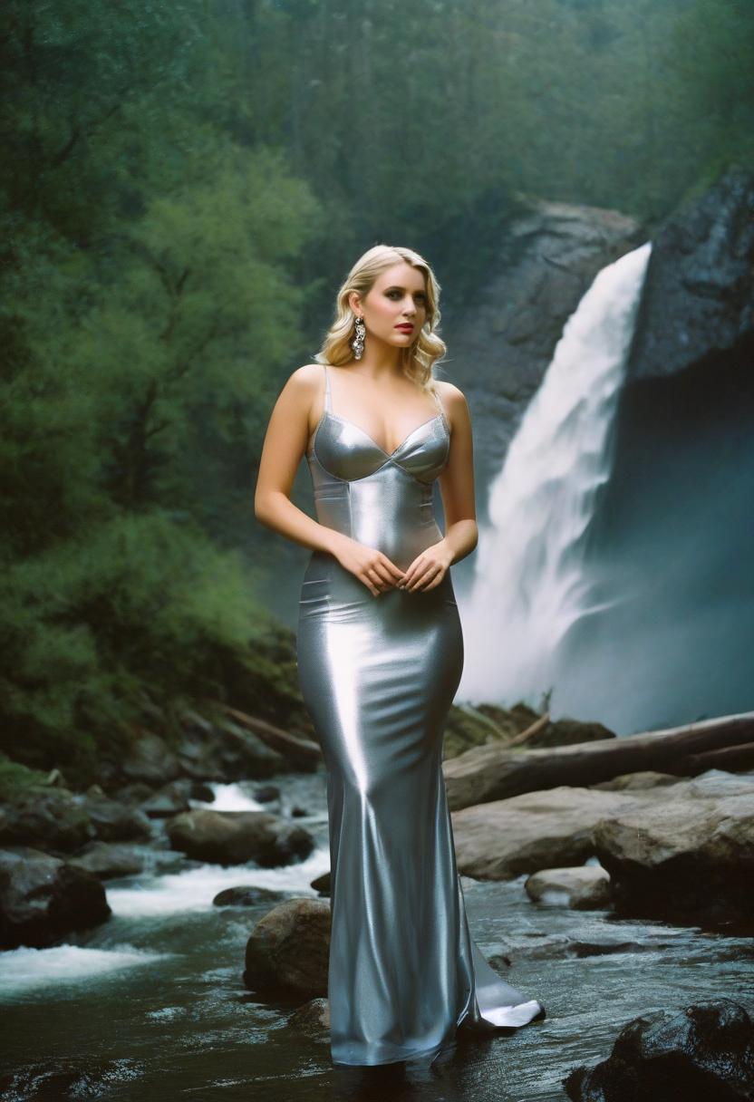  cinematic film still full growth cosplay of an elf curvy girl, a blonde similar to mia malkova, a translucent silver colored dress in the zoostrian style with swarovski crystals, victoria secret underwear, beautiful earrings, twiggy makeup, a waterfall in the background. . shallow depth of field, vignette, highly detailed, high budget, bokeh, cinemascope, moody, epic, gorgeous, film grain, grainy, film photography style