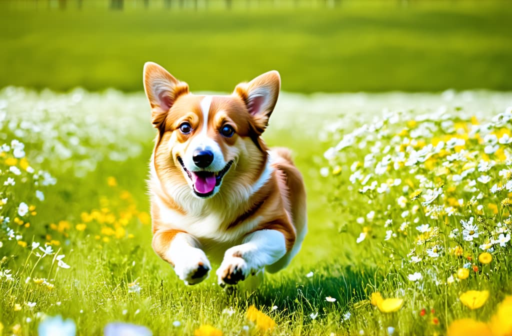  happy corgi dog running in a blossoming flower meadow on sunny day ar 3:2 {prompt}, maximum details