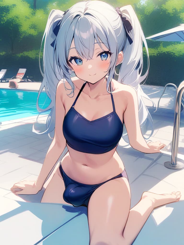  women's elementary students, twin tails, rich smiles, cute smiles, navy blue swimwear, old swimwear, swimwear, simple, male, shaped clear , shaped clear, clear stem, shaped crisp, male bulge,, front. the whole body, pool side,