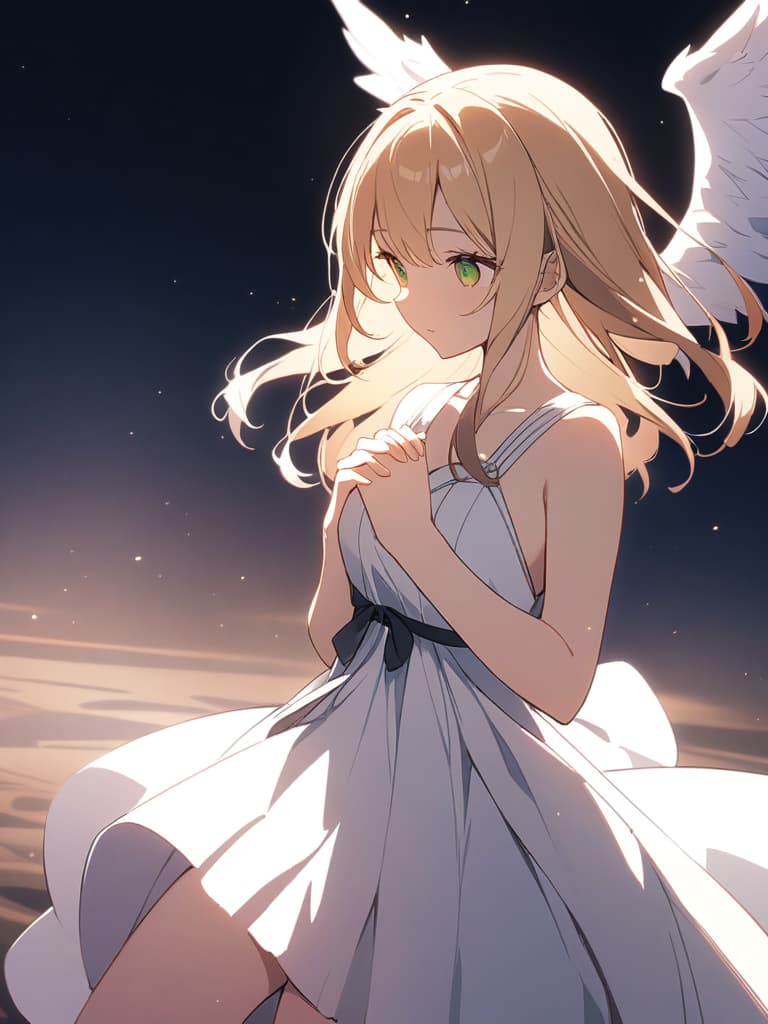  ((angel,cute,beautiful girl,wings,wings falling down,beautiful,green eyes,blonde,long hair,vertical curls,white dress,hands clasped,beautiful))ultra detailed,best shadow,cute and beautiful face,(masterpiece:1.2),(best quality:1.2),detailed background,high contrast,(best illumination,an extremely delicate and beautiful),((cinematic light)),hyper detail,dramatic light,intricate details,8k,anime,very aesthetic