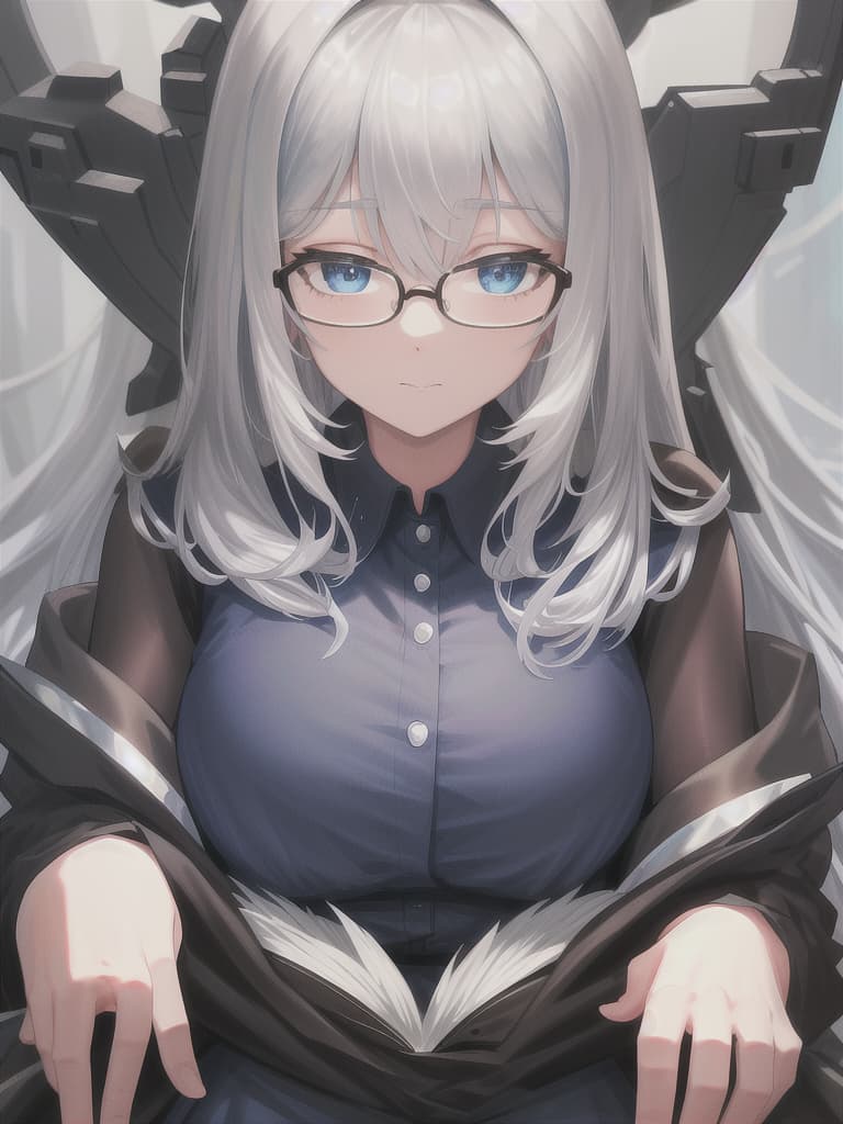  Brown, wolf Cut, glasses, blue eyes, silver hair, big tits, masterpiece, best quality,8k,ultra detailed,high resolution,an extremely delicate and beautiful,hyper detail