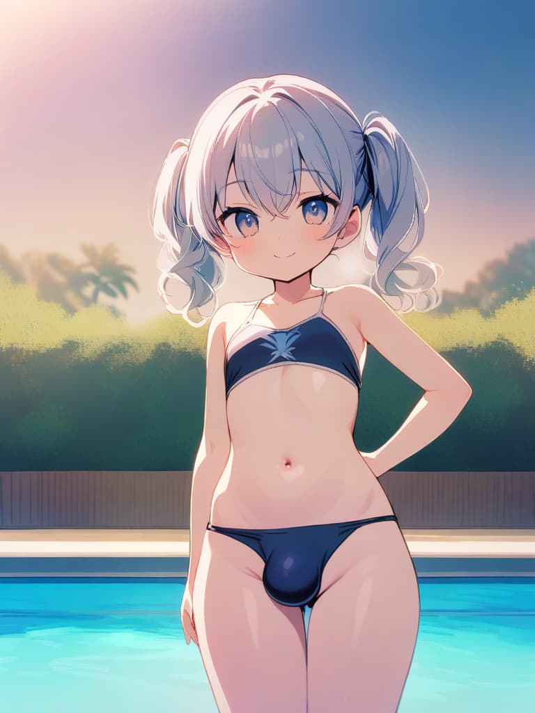  women's elementary student, dark blue swimwear, old swimwear, , , simple, male bulge, swelling, shaped clear, , front, cute smile, twin tail, whole body, pool side, pool side,