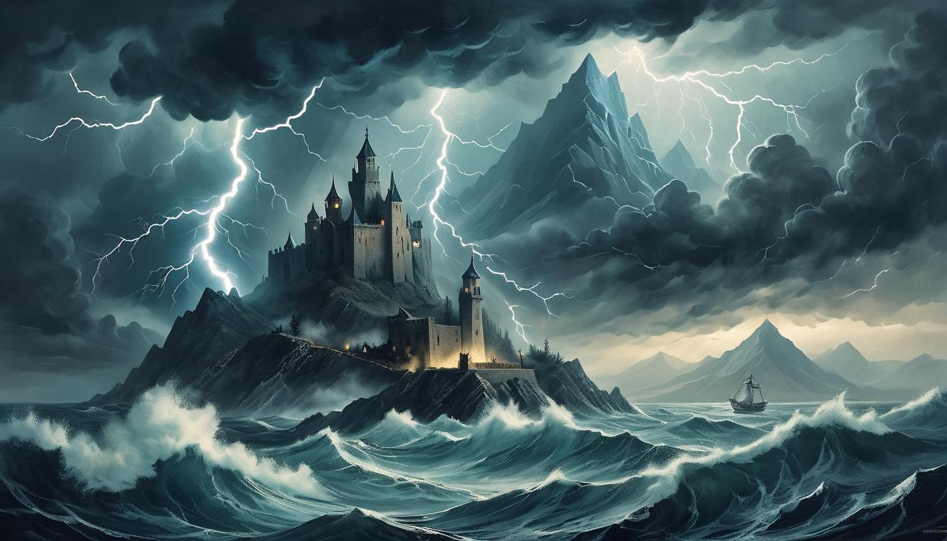  on parchment, surrealism+++, silent, turbulent seas under a stormy sky, lightning strikes in the distance, representing quiet storms and moving mountains, powerful, brooding, dynamic(mysterious, provocative, symbolic,muted color)+++