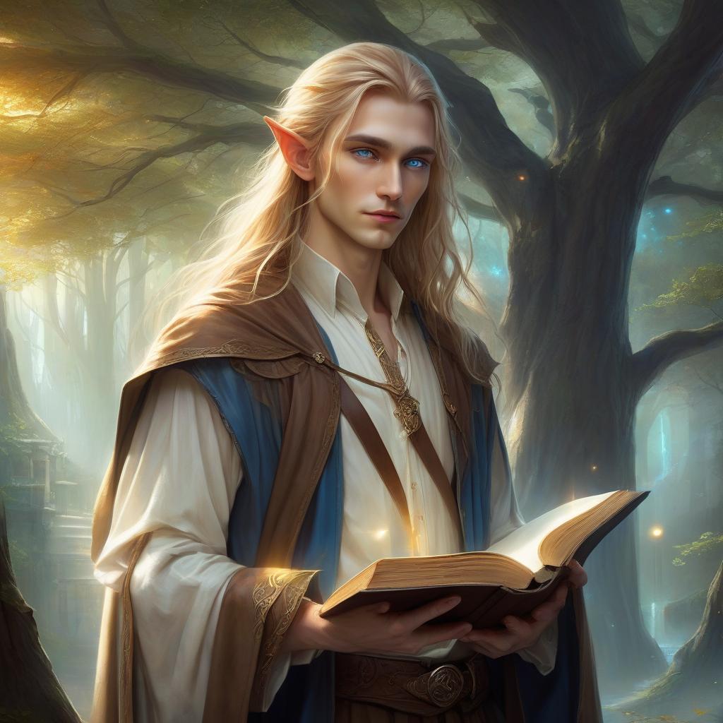  ethereal fantasy concept art of very beautiful low and slender elf with light skin, long straw hair and blue eyes, dressed in a white shirt and brown pants, a brown cloak hangs on his shoulders, holds an open book with leather binding and a drawing of a tree from golden lines, a wizard's tower . magnificent, celestial, ethereal, painterly, epic, majestic, magical, fantasy art, cover art, dreamy, hkmagic