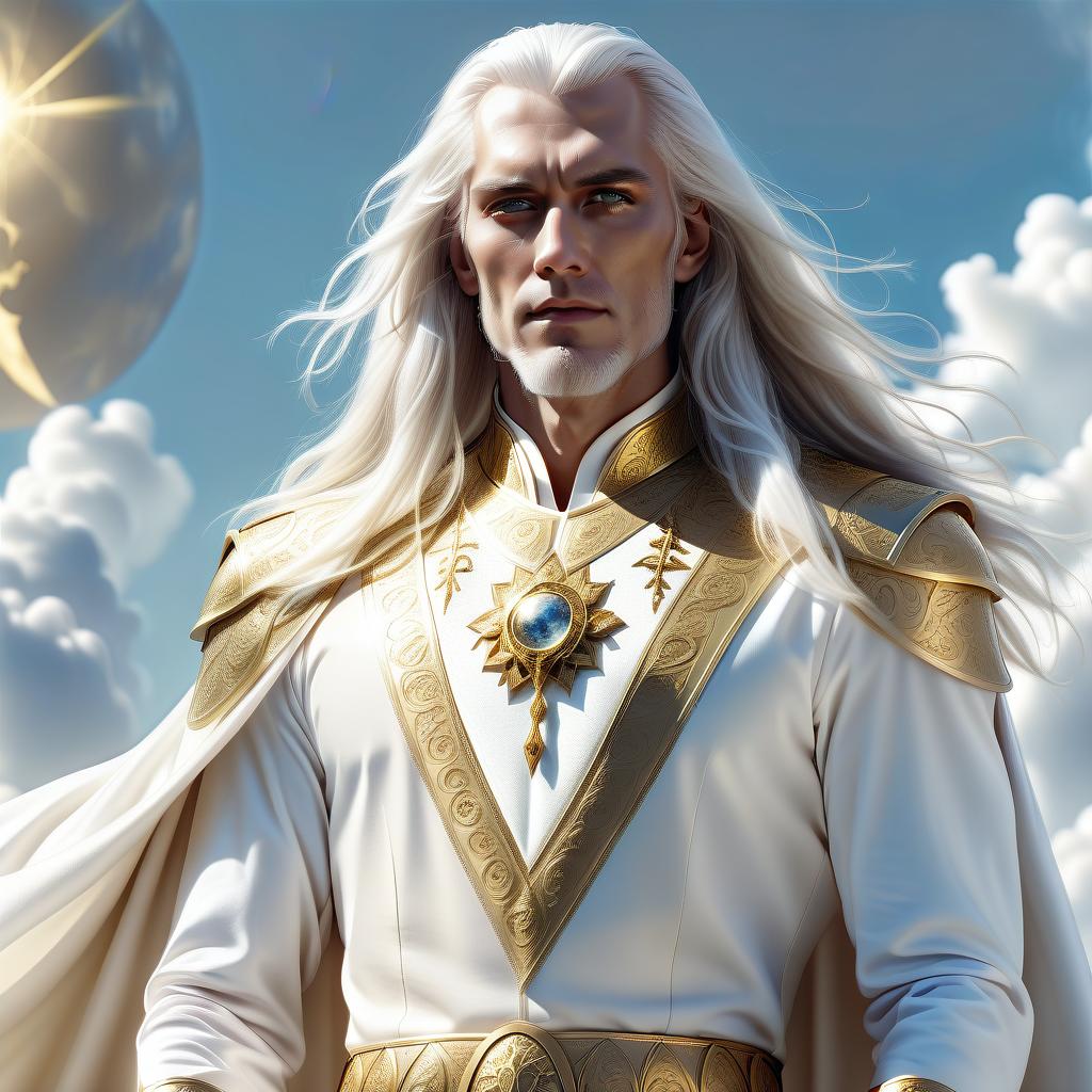  4k, quality, cinematic, fantasy, tall majestic man, long haired, white and gold hair, eyes sparkling, shaved face, wise look, long white clothes, stands against the sky