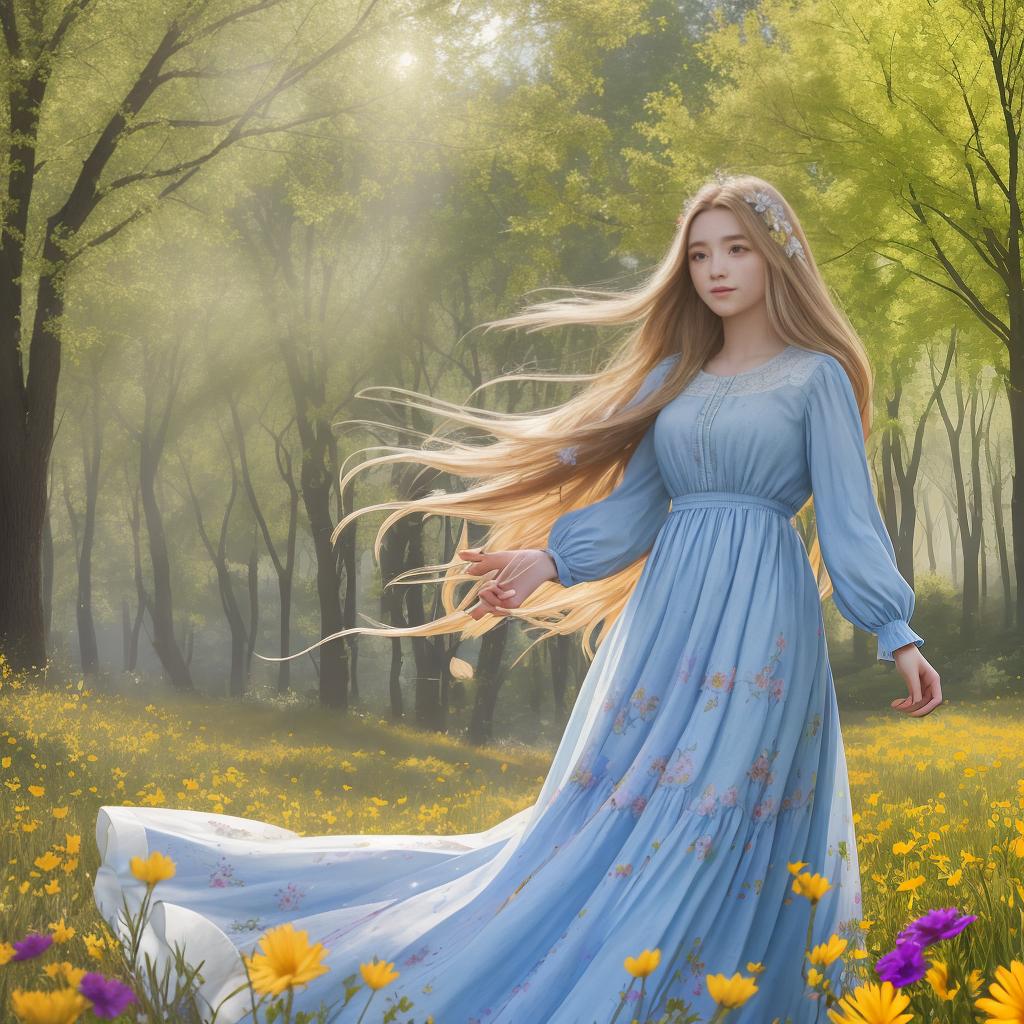  masterpiece, best quality, A young woman standing in a field of wildflowers, her flowing dress billowing in the wind, capturing a sense of freedom and beauty in nature. The golden sunlight filters through the trees, casting a warm glow on her face and the colorful flowers around her. (Environment: natural outdoor setting) (Mood: serene, peaceful, ethereal) (Style: realistic) (Realization: Kodak Portra 400)