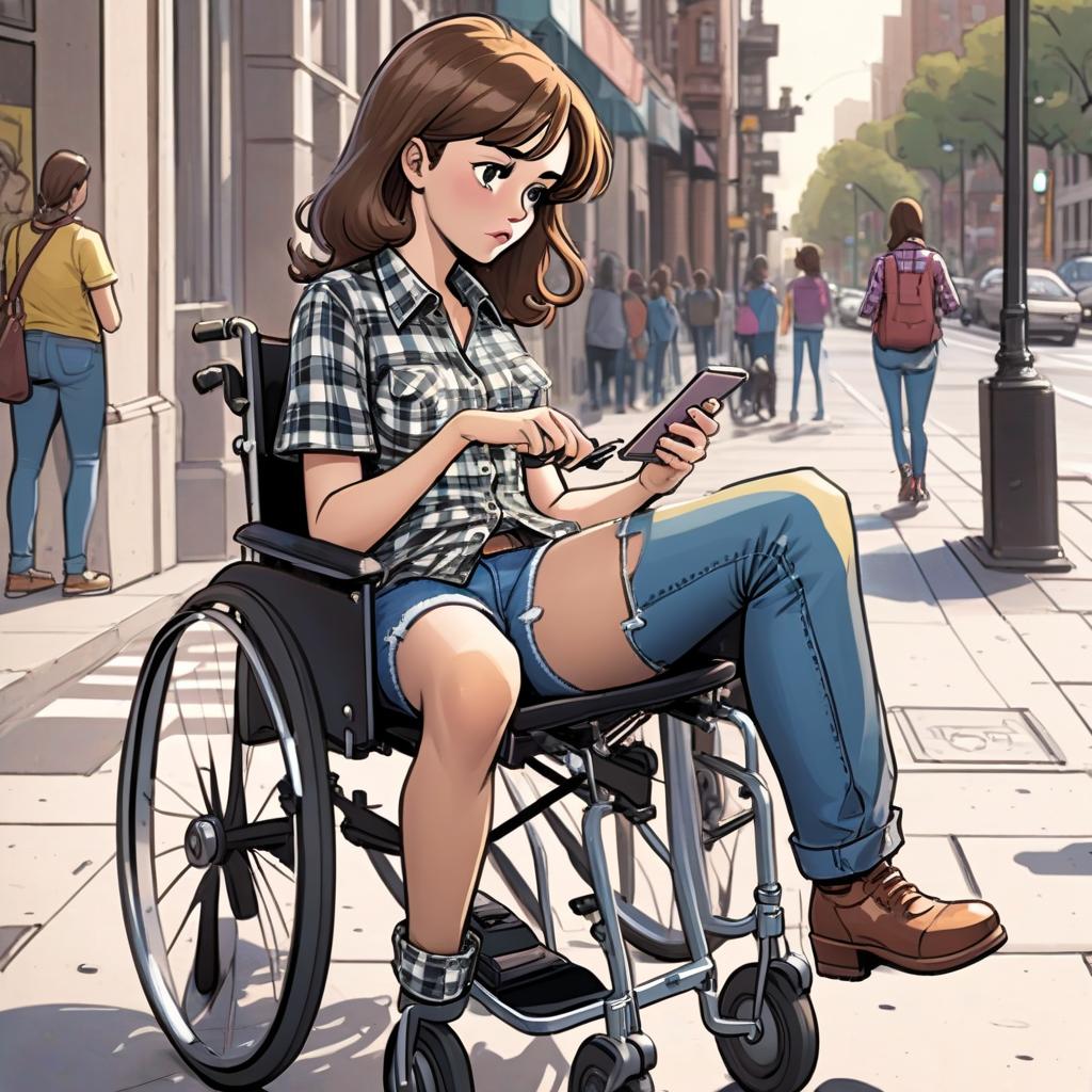  colored comic book image. a young brown haired woman with a carriage, sitting in a wheelchair, without one leg. she's wearing a checkered shirt and jeans. the girl leans forward trying to pick up the phone lying on the sidewalk.