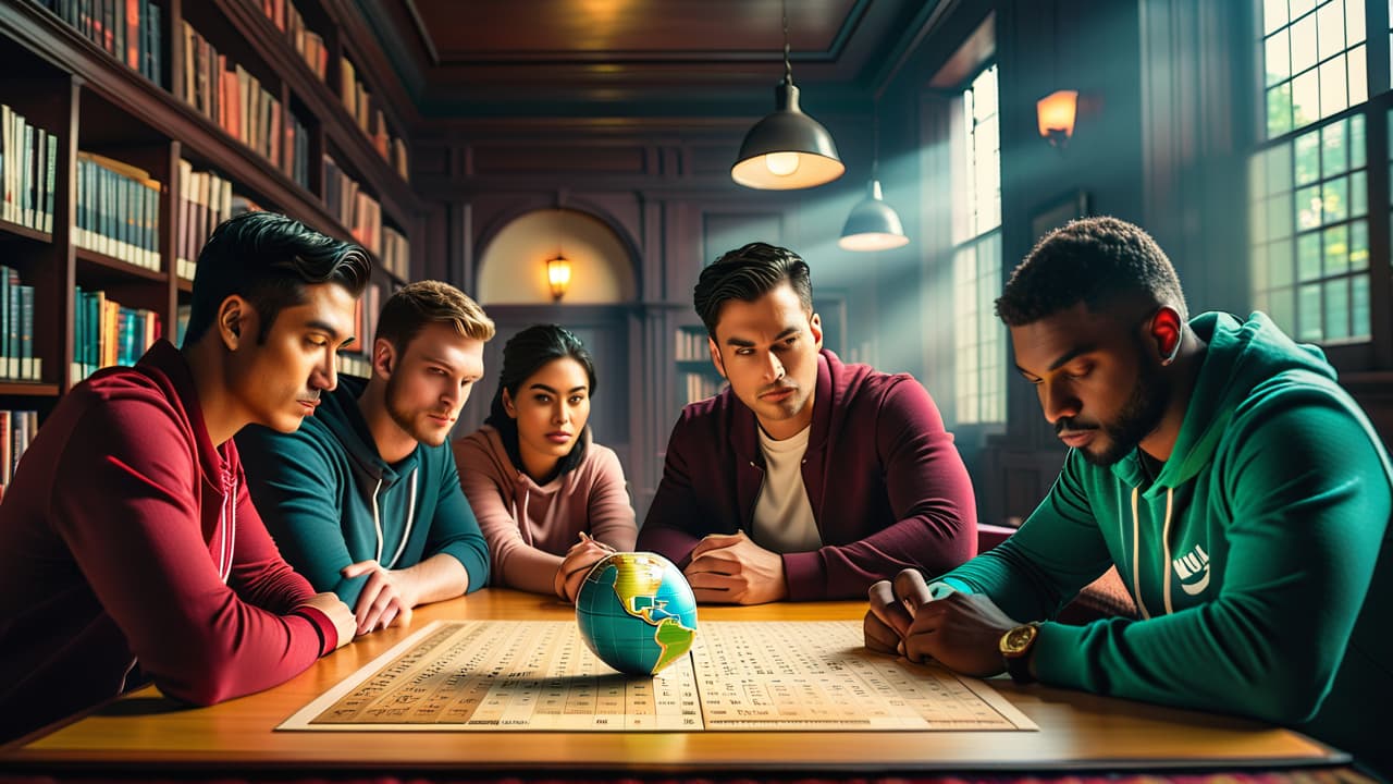  a vibrant scene featuring a diverse group of people solving intricate puzzles in a university setting, surrounded by books and brainteasers, with a globe in the background highlighting global enigmatology. hyperrealistic, full body, detailed clothing, highly detailed, cinematic lighting, stunningly beautiful, intricate, sharp focus, f/1. 8, 85mm, (centered image composition), (professionally color graded), ((bright soft diffused light)), volumetric fog, trending on instagram, trending on tumblr, HDR 4K, 8K