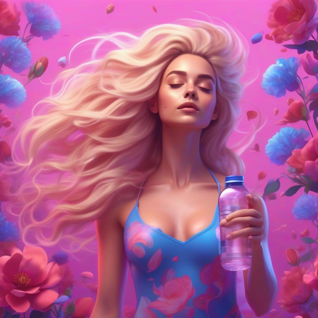  art of fantasy sporty girl with flowers inside her head like her thoughts and growing from her long very thick blondy hair, hair fluttering in the wind with bottle of water in her hands pink and blue and purple colors on the background cartoon style 3d, hq, 4k for modern mobile app