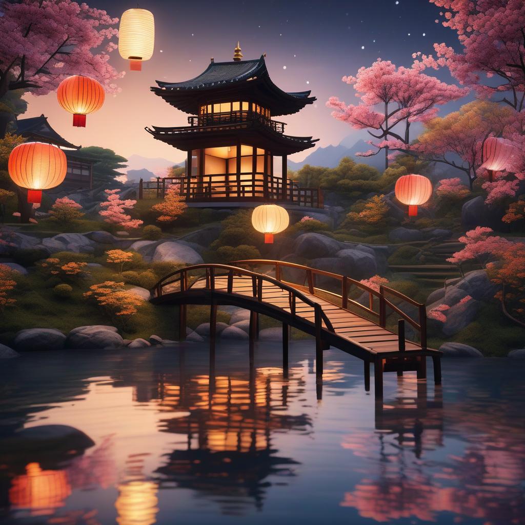  masterpiece, best quality, (Fidelity: 1.4), Best Quality, Masterpiece, Ultra High Resolution, 8k resolution, A night view inspired by Japanese art, featuring a garden illuminated by paper lanterns and a wooden bridge spanning a tranquil lake, by the lakeside, there is a small Zen temple. The water reflects the starry sky.