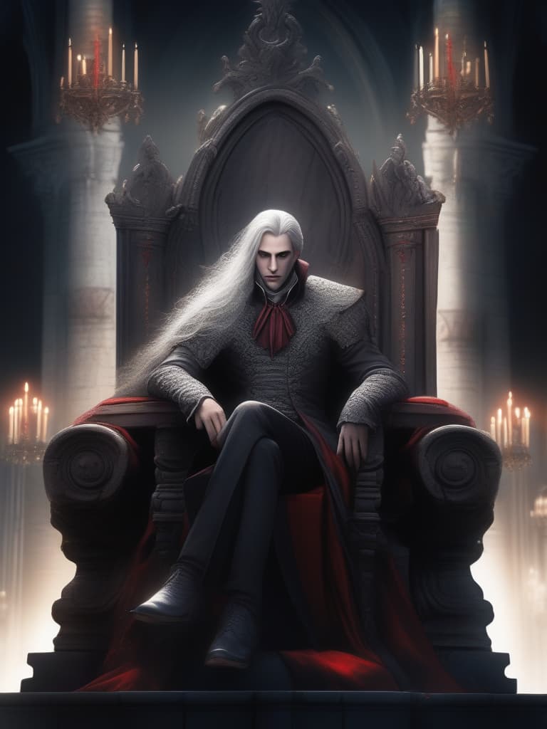  vampires, young men, handsome, gray hair, red eyes, tall, sitting on the throne, looking down, looking down, crossing the legs, dressing like medieval aristocrats, castle hall, one person, long hair, masterpiece, best quality,8k,ultra detailed,high resolution,an extremely delicate and beautiful,hyper detail