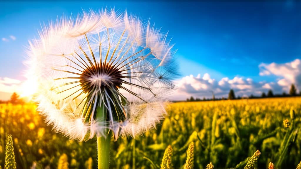  a big dandelion in a field with a dandelion, magical realism, the most beautiful sunset, giant flower head, amazingly composed image, in the white clouds fairyland, viral image, beautiful scenery, post processed, sunburst, in a sunny day, intricate foreground ar 16:9 {prompt}, maximum details