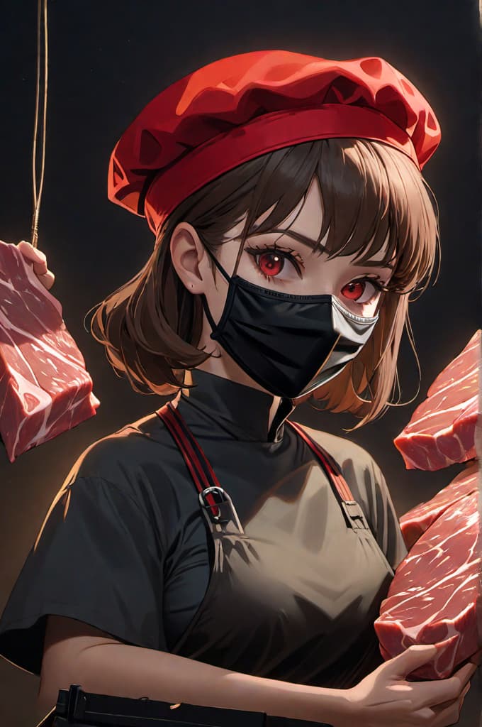  beautiful brazilian woman, light brown eyes, holding a vacuum packed meat, wearing a black mask, red apron and disposable cap, black background, realistic, portrait, art by donato giancola and greg rutkowski, realistic face, digital art, trending on artstation, high quality high detail painting by rembrandt, hd, photorealistic lighting, style of rembrandt, realistic, portrait, art by donato giancola and greg rutkowski, realistic face, digital art, trending on artstation hyperrealistic, full body, detailed clothing, highly detailed, cinematic lighting, stunningly beautiful, intricate, sharp focus, f/1. 8, 85mm, (centered image composition), (professionally color graded), ((bright soft diffused light)), volumetric fog, trending on instagram, trending on tumblr, HDR 4K, 8K