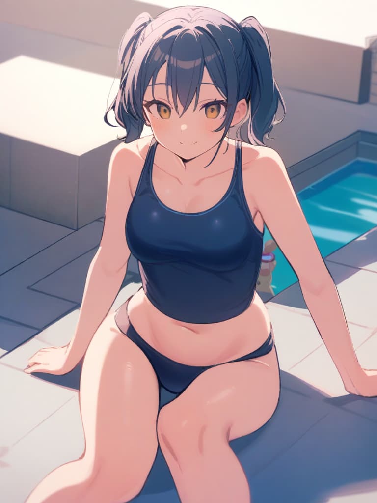  women's elementary students (male), twin tails, cute smiles, (rich s), short stature, dark blue swimwear, old swimwear, swimwear, simple, male (upward), (swelling), clear shape. , front, whole body, pool side,