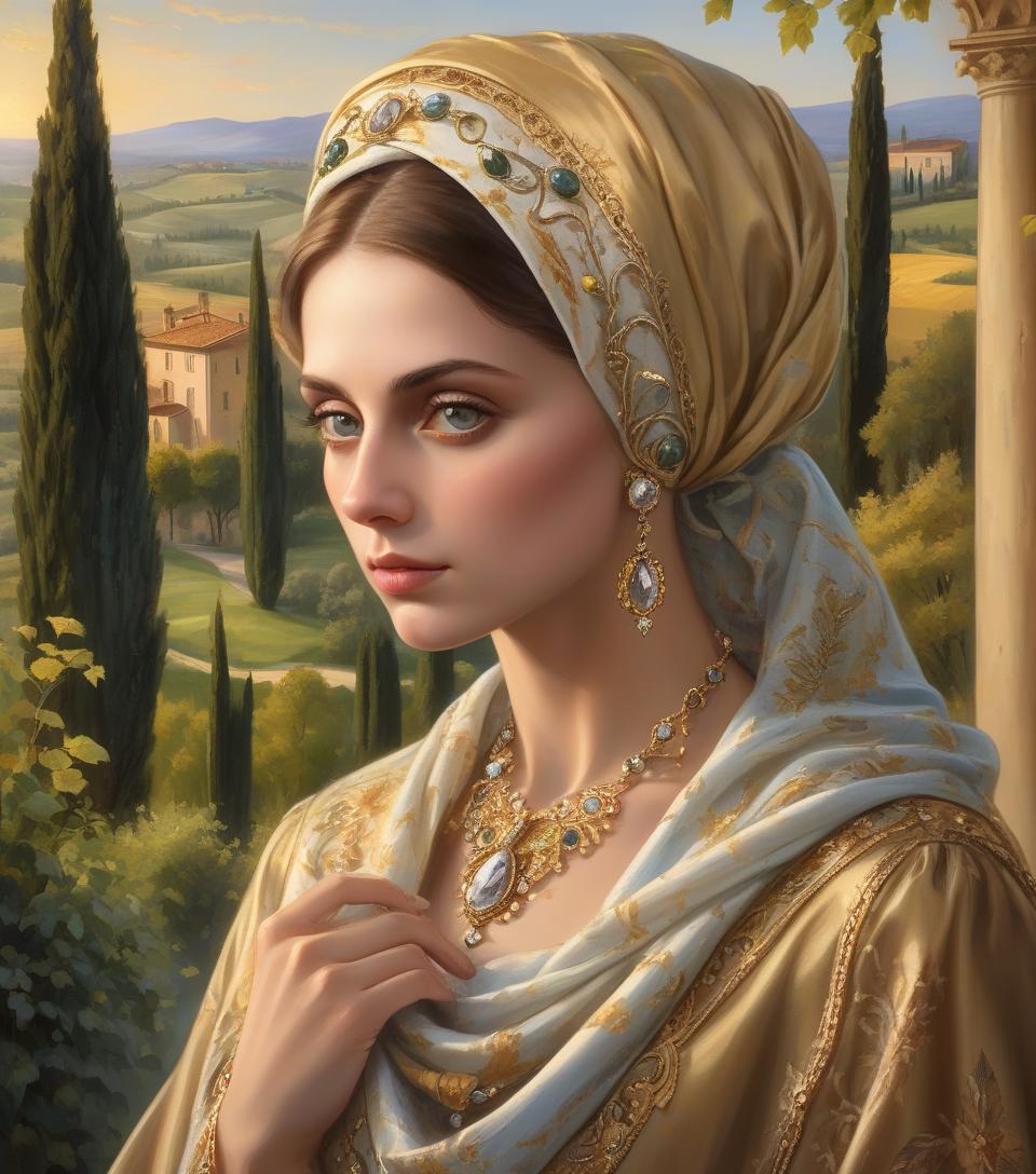  Запрос portrait of a woman with a headscarf, adorned with jewelry, and a countryside landscape in the background. majestic italian noblewoman, detailed eyes, proud countenance, captivating gaze, ornate clothing, elaborate accessories, billowing scarves, theatrical presence, twilight in tuscany, undulating landscapes, iconic cypress groves, rich golden sunrays, luxurious textures, fine details, vibrant colors, italian elegance, skilled brushwork, enchanting atmosphere.