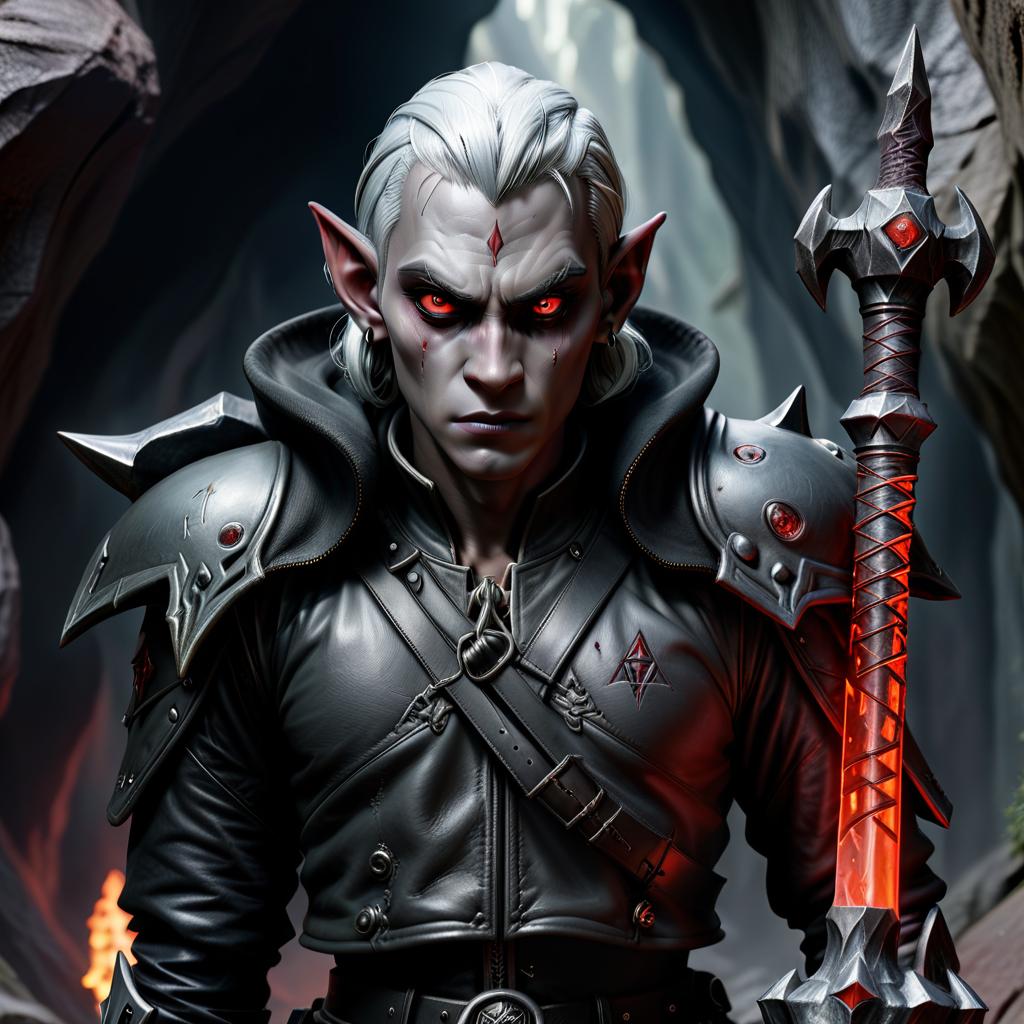  horror themed drow male elf cleric, dark grey graphite color skin, red eyes, silver medium haircut, black leather jacket, iron battle mace, impudent arrogant rude expression, traveler shoulder bag, half body view, dark cave temple . eerie, unsettling, dark, spooky, suspenseful, grim, highly detailed, civitai