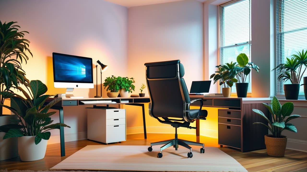  a sleek, modern home office featuring a stylish ergonomic chair with adjustable features, surrounded by a minimalist desk, a computer setup, lush indoor plants, and warm, inviting lighting creating a productive atmosphere. hyperrealistic, full body, detailed clothing, highly detailed, cinematic lighting, stunningly beautiful, intricate, sharp focus, f/1. 8, 85mm, (centered image composition), (professionally color graded), ((bright soft diffused light)), volumetric fog, trending on instagram, trending on tumblr, HDR 4K, 8K