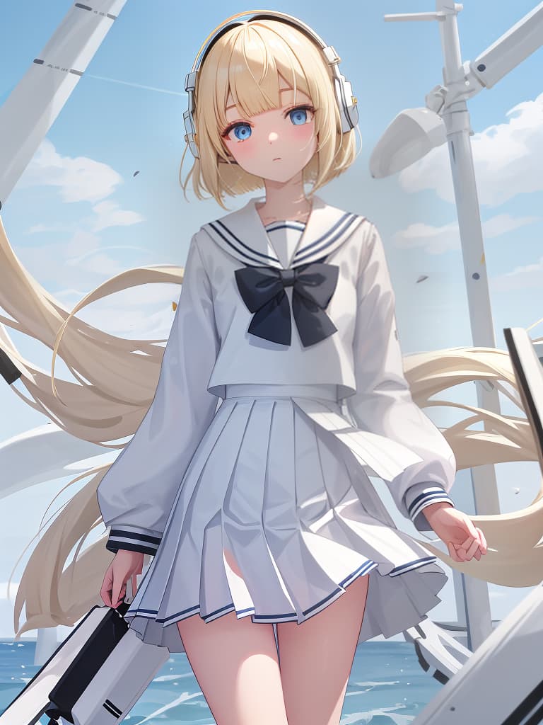  white sailor clothes, white pleated skirts, whole body, black loafers, blue eyes, blonde bob hair, summer sailor, standing, white sailor suit, red headphones, headphones, headphones, bangs, bangs. many hairpins, heart tattoos on the back of hand, candy with sticks, masterpiece, best quality,8k,ultra detailed,high resolution,an extremely delicate and beautiful,hyper detail