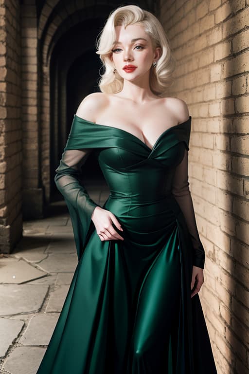  Marilyn Monroe long hair (pale skin) ((black hair)) ((green eyes)) vintage gown in a dungeon