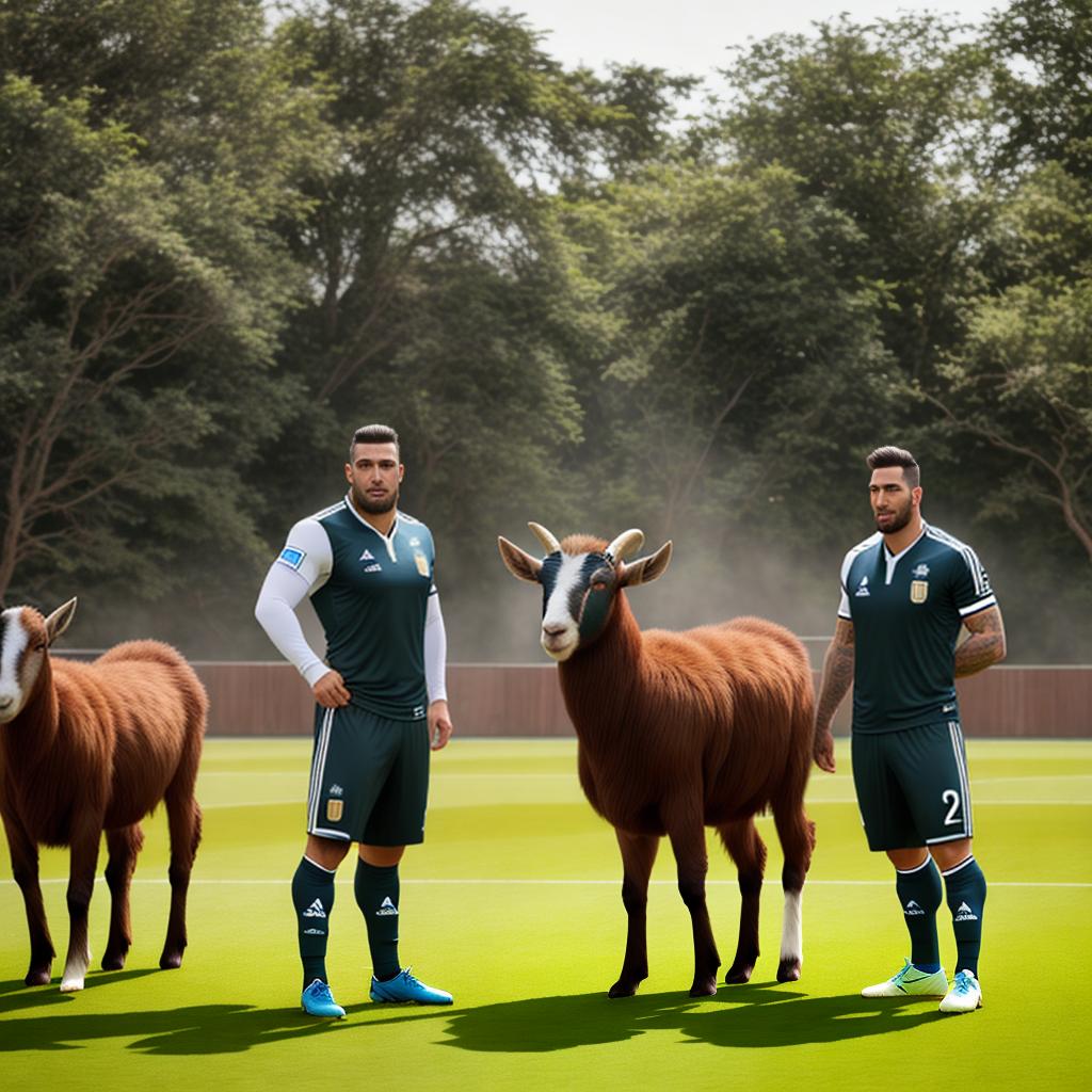  Argentine football players with a goat hyperrealistic, full body, detailed clothing, highly detailed, cinematic lighting, stunningly beautiful, intricate, sharp focus, f/1. 8, 85mm, (centered image composition), (professionally color graded), ((bright soft diffused light)), volumetric fog, trending on instagram, trending on tumblr, HDR 4K, 8K