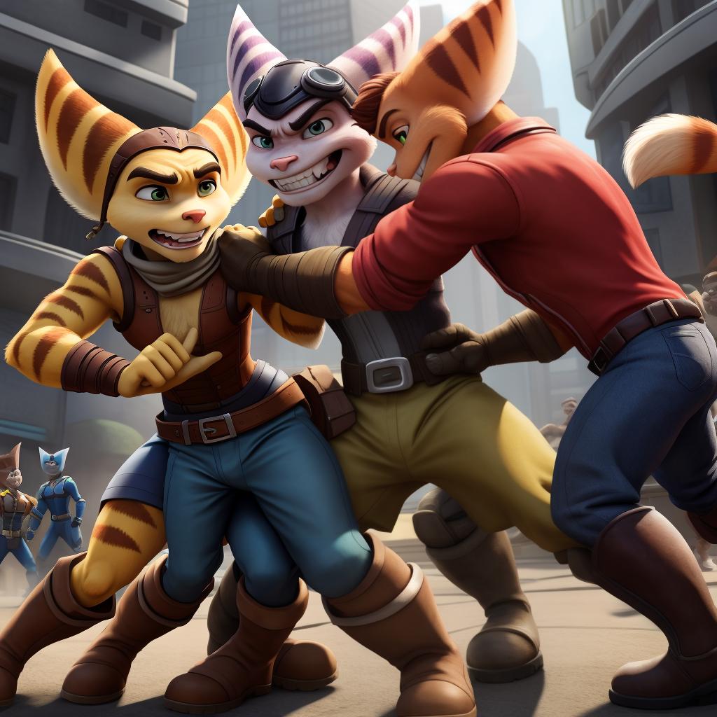  Male ratchet and clank (insomniac) full body, group, clothes, gloves and boots, gay, evil, fighting, hand to hand combat, punching, retraining grabbed, neck grab, ganged up upon, hand squeezes crotch, attacking victim, bullying victim, open eyes, digital art, masterpiece, 4k, fine details,