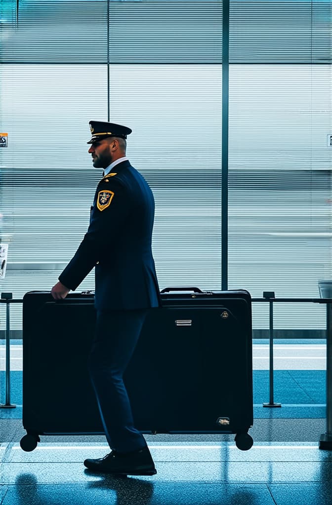  professional detailed photography, a pilot with a suitcase on his back walks through the airport ar 2:3, (muted colors, dim colors, soothing tones), (vsco:0.3)