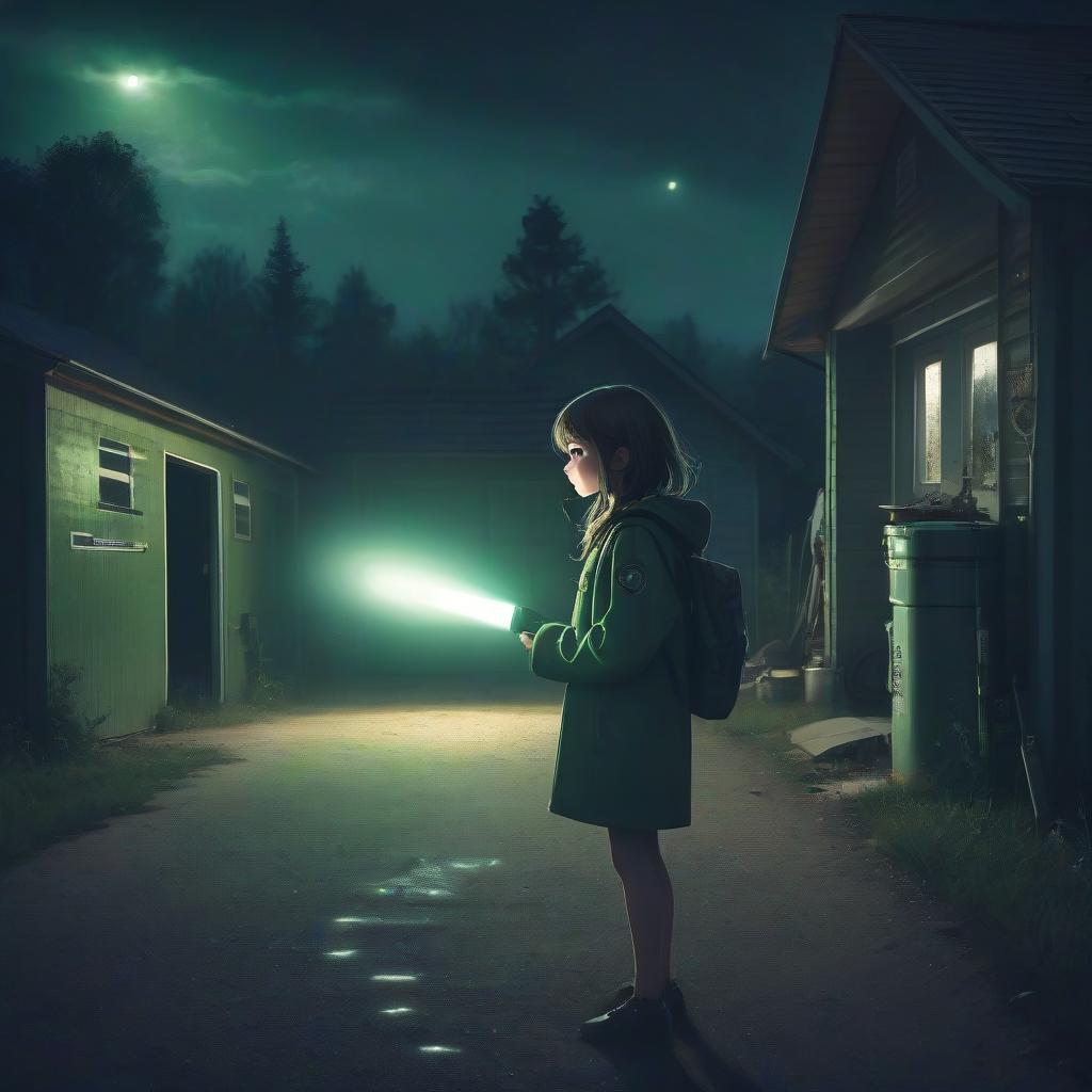  girl with a flashlight in her hands near a garage in the village, night, green tones, ufo in the sky