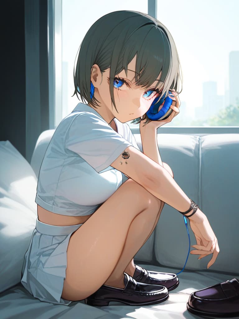  s wearing headphones, black loafers, s with blue eyes, s with blonde bob cut, white pleated , white sailor suit, spider nest tattoo on the left arm, bob cut, left , left a with a purple rose tattoo, smokes cigarettes, masterpiece, best quality,8k,ultra detailed,high resolution,an extremely delicate and beautiful,hyper detail