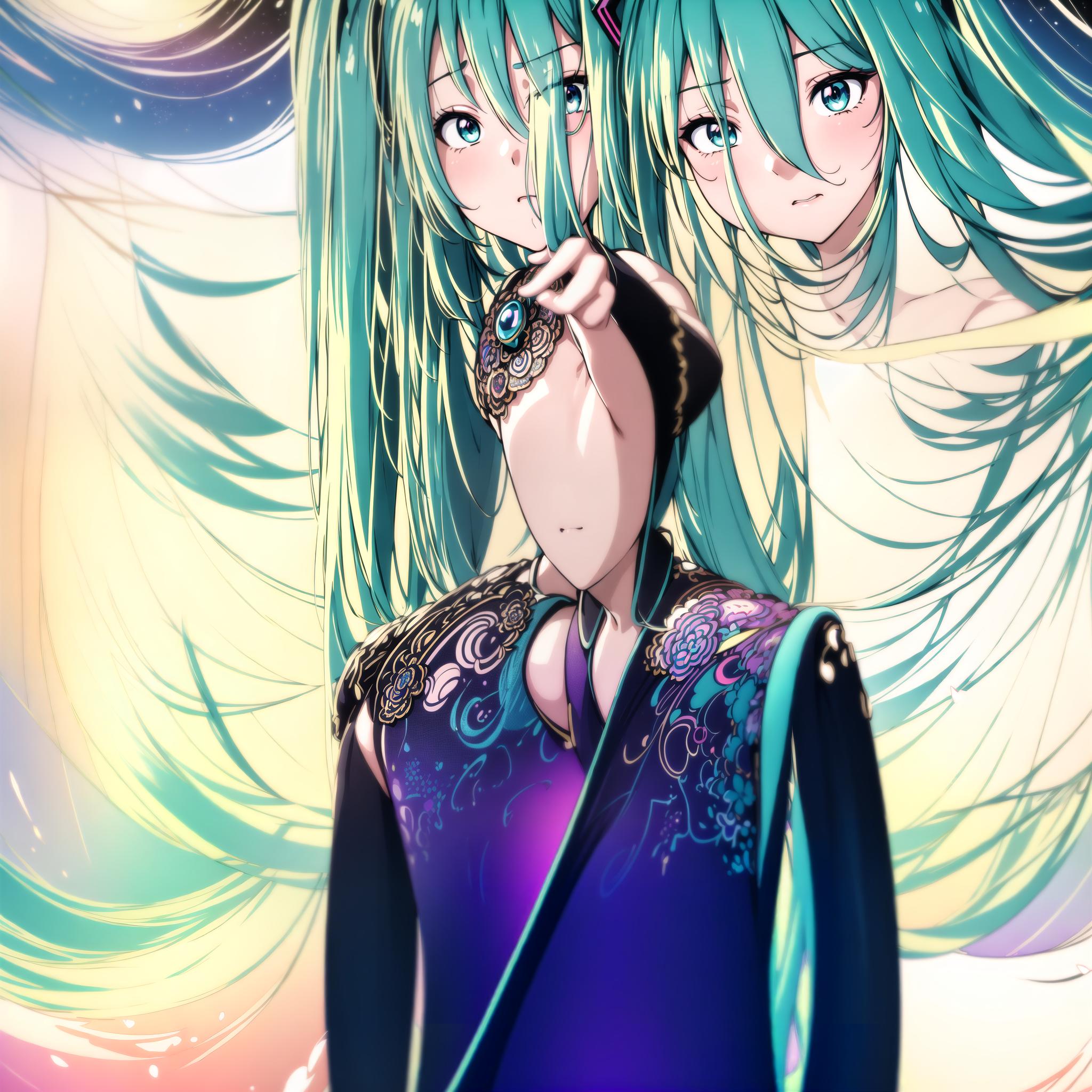  (masterpiece, best quality, highres:1.2), (intricate and beautiful:1.2), (detailed light:1.2), (colorful, dynamic angle), upper body shot, fashion photography of cute, intense long hair, (hatsune miku), dancing pose, flirting with pov, dynamic pose, soft moonlight passing through hair, (abstract colorful art background:1.3), (official art), (cinematic)