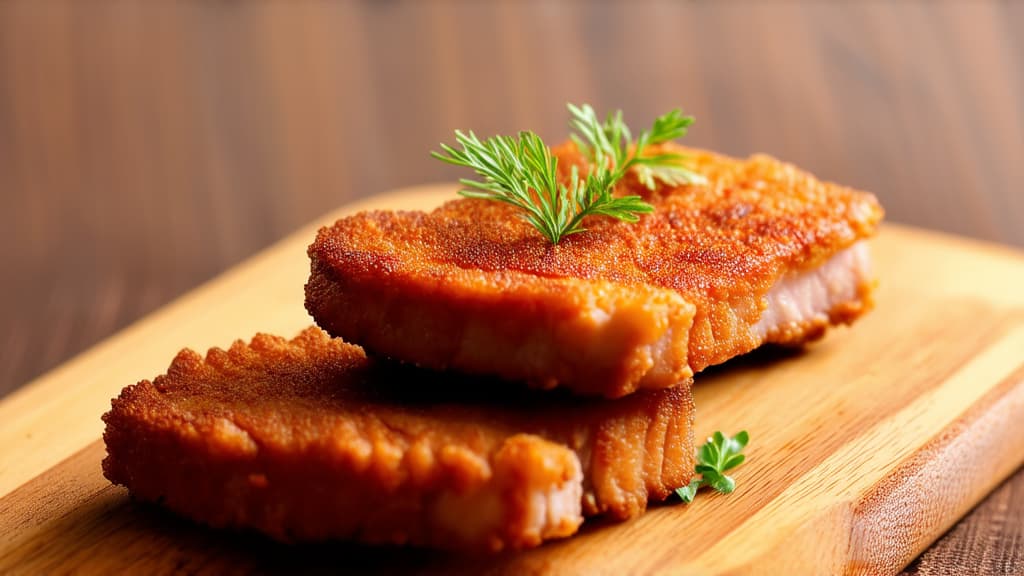  food gourmet photography style, fried piece of meat juicy hot on a wooden board ar 16:9, appetizing, professional, culinary, high resolution, commercial, highly detailed ,soft natural lighting, macro details, vibrant colors, fresh ingredients, glistening textures, bokeh background, styled plating, wooden tabletop, garnished, tantalizing, editorial quality