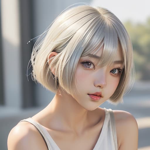  cute japanese girl face, cute short hair, light blonde and silver bob cut hairstyle, black sleeveless top, delicate makeup, cool style, natural lighting, photo realistic in the style of realistic.