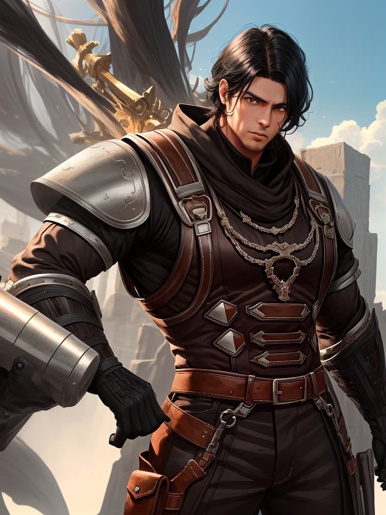  giants' world, black hair center part, strongest mankind, brown clothing, crisp white pants, black boots, shortcut guys, muscles, muscles, mumble, masterpiece, best quality,8k,ultra detailed,high resolution,an extremely delicate and beautiful,hyper detail