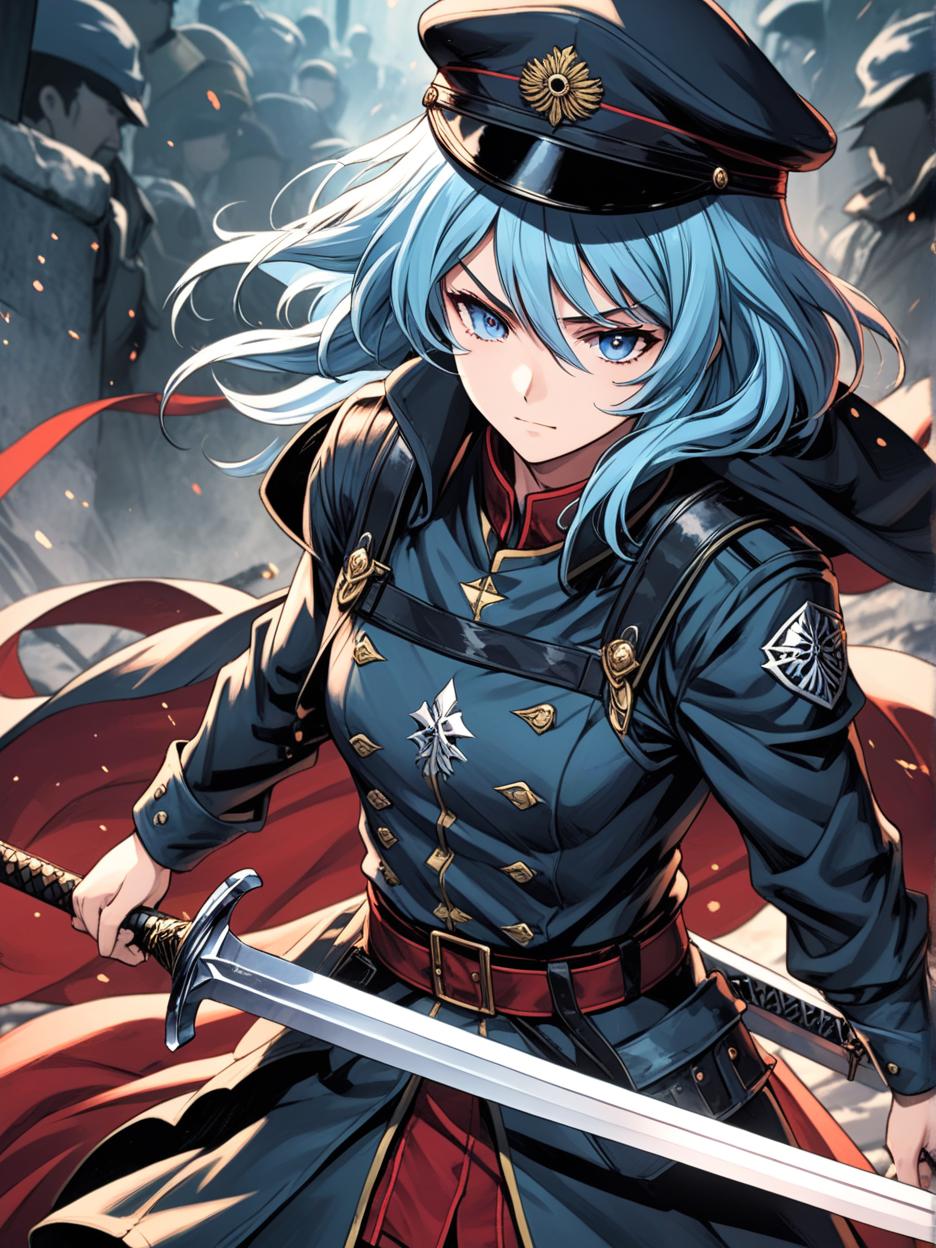  manga artwork a woman. black and red outfit, her outfit that looks like a military uniform is something she prepared as a hobby when she was drafted as a servant. with a black military hat with red details. gold details on his military outfit, red uniform. she has light blue eyes, silver and cyan blue hair, very long. menacing sword, larger and sharper sword. menacing expression, hunter's eyes. details, 8k.. manga artist. manga, highly emotional. best quality, high resolution