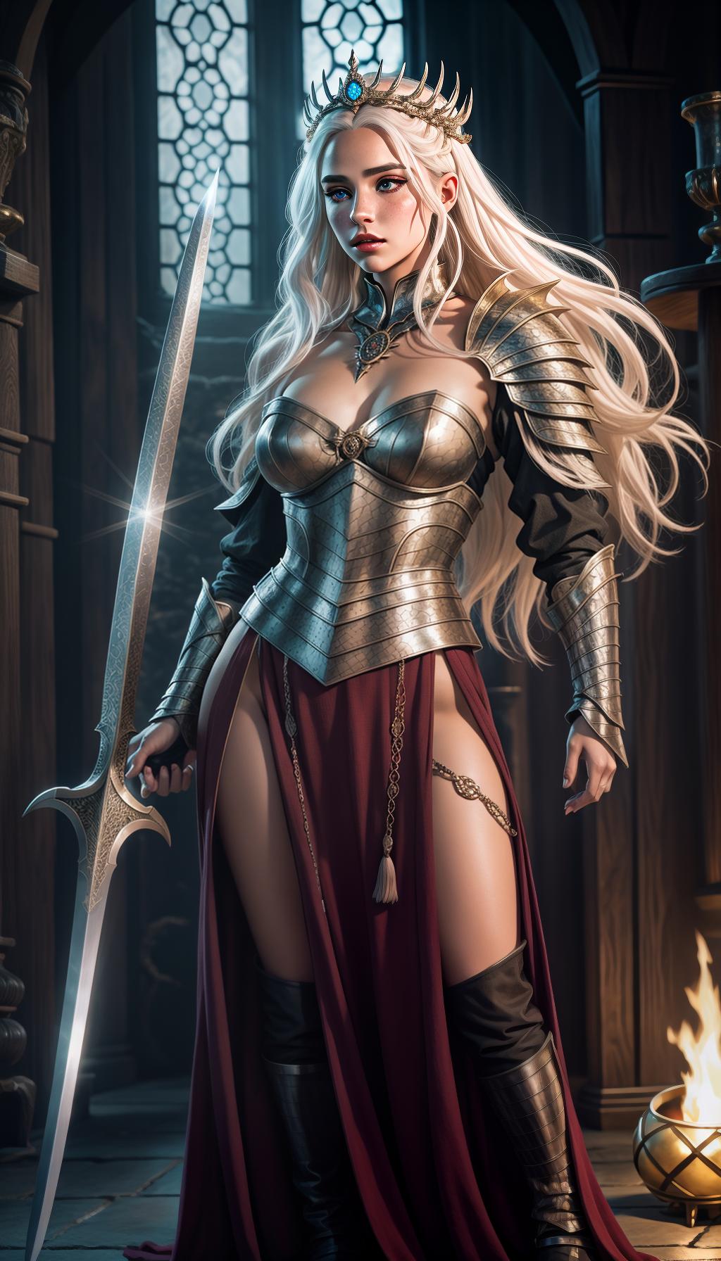  create hyper realistic rhaenyra targaryen queen of the seven kingdoms from house of the dragon (((showing full body))), holding a finest majestic sword with a fury fierce dragon on her shoulder, beautiful medieval queen, freckles, violet eyes, white blonde hair, very tanned skin, dragon behind her, realistic, queen of dragons, fantasy, sci fi, showing full body in elegance and grace, low angle shot