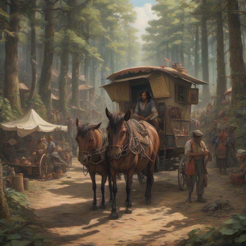  draw in a medium sized style this scene where a black haired guy with brown eyes meets a small caravan of merchants on one of the forest tracts