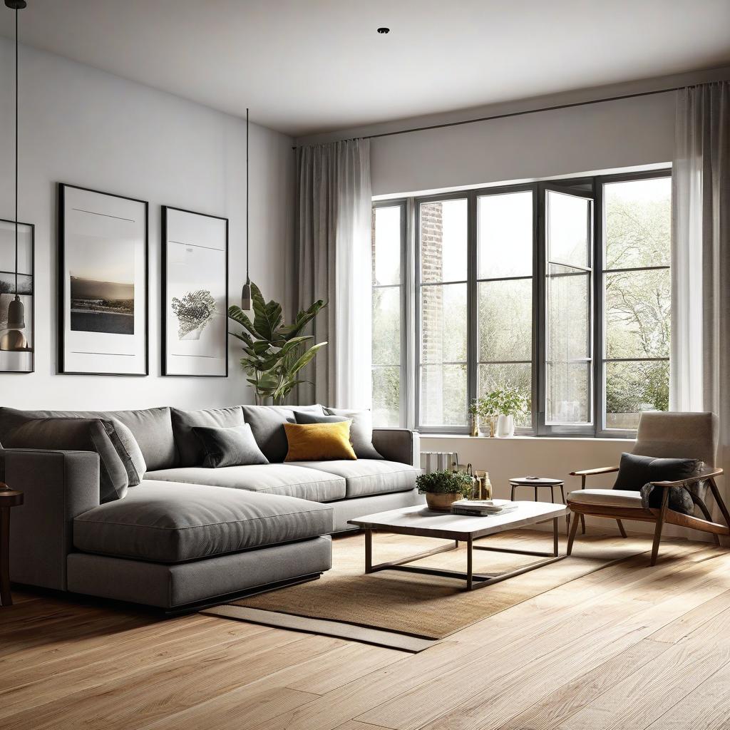  create a photorealistic rendering of a living room with a wooden floor, featuring a modern sofa placed near a large window. the room should feel cozy and inviting, with natural light streaming in from the window onto the warm wooden flooring.