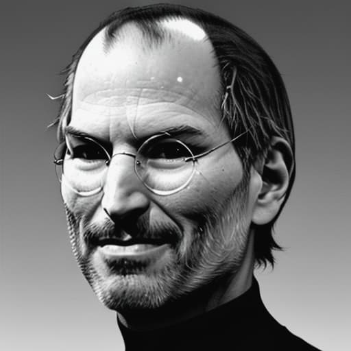  steve jobs looking happy. exact likeness. high contrast color.