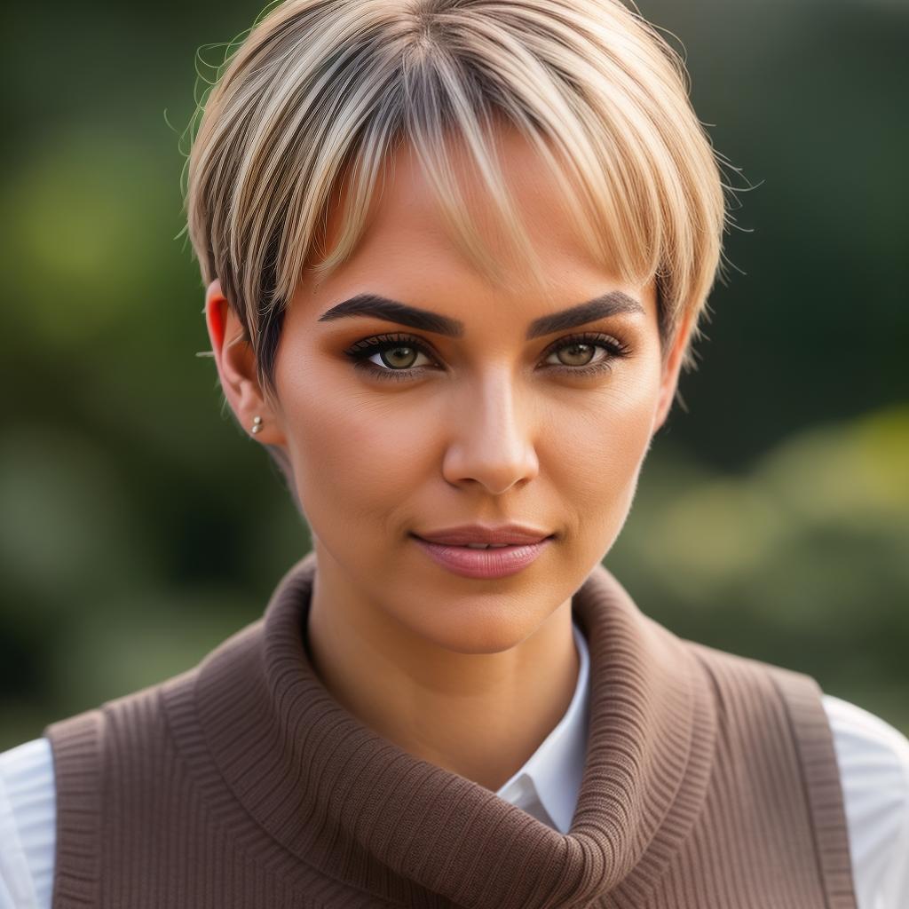  (((realistic full torso frontal head shot of a light brown to medium brown skin tone woman))), pilar cielo rangel, ((hispanic heritage)), immature face, blue eye color, (pixie cut hair style), ((blonde hair color)), ((skinny body type)), flat size, small size, (immature small straight nose), (immature high cheekbones), (immature smooth jawline), (immature full lips), (immature medium forehead), (immature arched eyebrows), (immature rounded chin), standing straight looking directly into the camera,((wearing on up shirt with a low neckline layered under a form fitting sweater vest)), backyard background, 1, best quality, highest quality, award winning photo, masterpiece, raw, professional photography, photorealism, sh hyperrealistic, full body, detailed clothing, highly detailed, cinematic lighting, stunningly beautiful, intricate, sharp focus, f/1. 8, 85mm, (centered image composition), (professionally color graded), ((bright soft diffused light)), volumetric fog, trending on instagram, trending on tumblr, HDR 4K, 8K