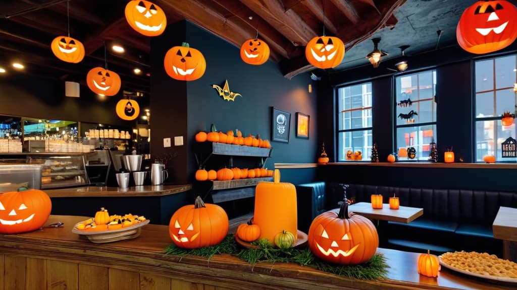  inside coffee shop in the city decorated with halloween decor at night