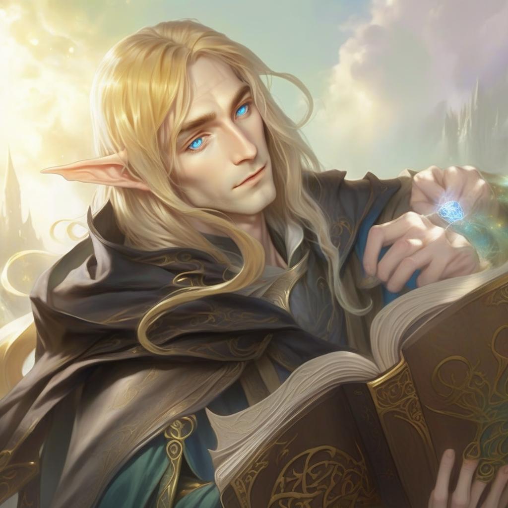  elven wizard with golden hair and blue eyes, hkmagic