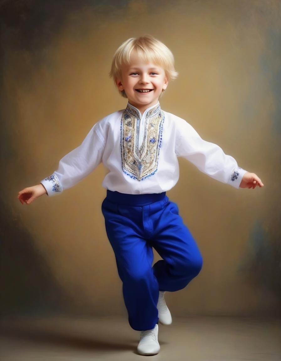  blonde boy smiles, in a white shirt and blue pants dances russian folk dance