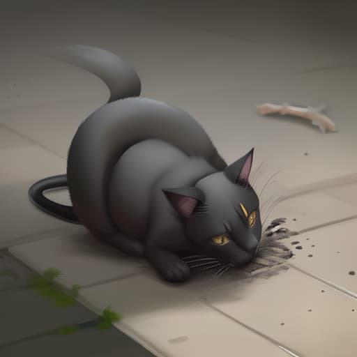  black painted cat crushed a rat with his paw