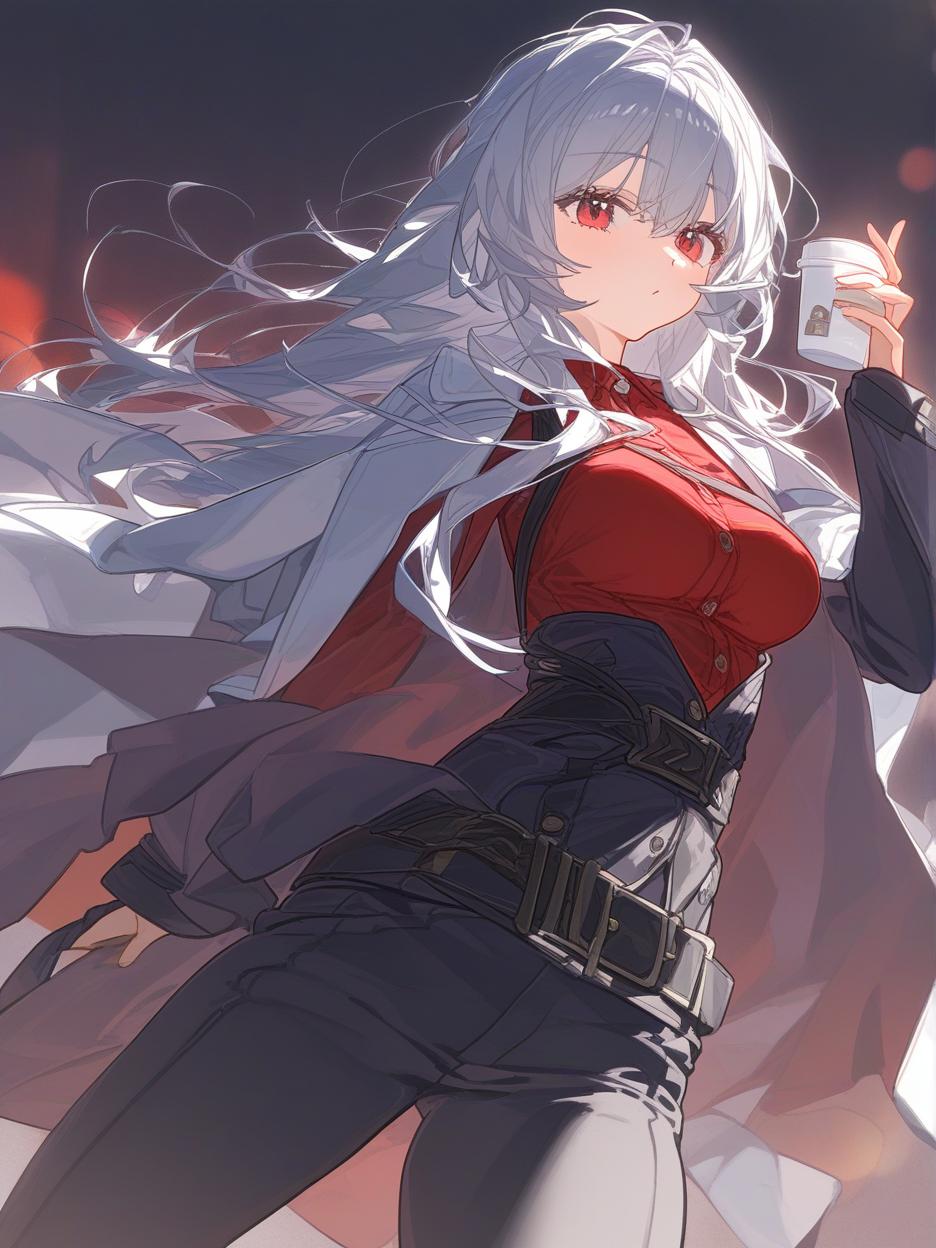  a strong woman, silver long hair. she has deep, beautiful red eyes that are very prominent, white eyelashes that are very prominent in the eyes. she wears dark dress pants. a red shirt with buttons on the front seam, two thin belts under the bust. a light gray lab coat on the shoulders. a very strong and slender body, his strong abdomen shows in the red shirt. the background is a futuristic area where people practice combat in the background. she has a cup of coffee in her hands. well highlighted eyes with white eyelashes details, 8k. . best quality, high resolution