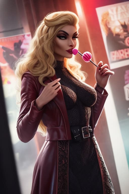  Create two women 1. famme fatale and a 2. Lilly Luft as two female persons two on a poster the blonde has a lollipop in her hand hyperrealistic, full body, detailed clothing, highly detailed, cinematic lighting, stunningly beautiful, intricate, sharp focus, f/1. 8, 85mm, (centered image composition), (professionally color graded), ((bright soft diffused light)), volumetric fog, trending on instagram, trending on tumblr, HDR 4K, 8K