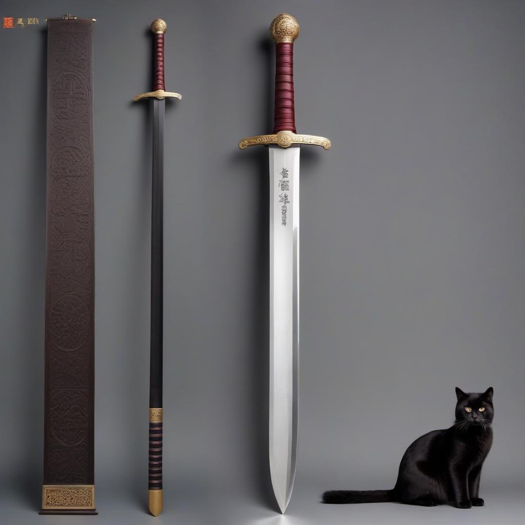  A straight Chinese sword 1 meter long, the hilt is wrapped in a silk cloth inscribed with fire seals; the guard is made in the form of 4 cats running in a circle; the sword feels very cold and is constantly surrounded by cold steam.