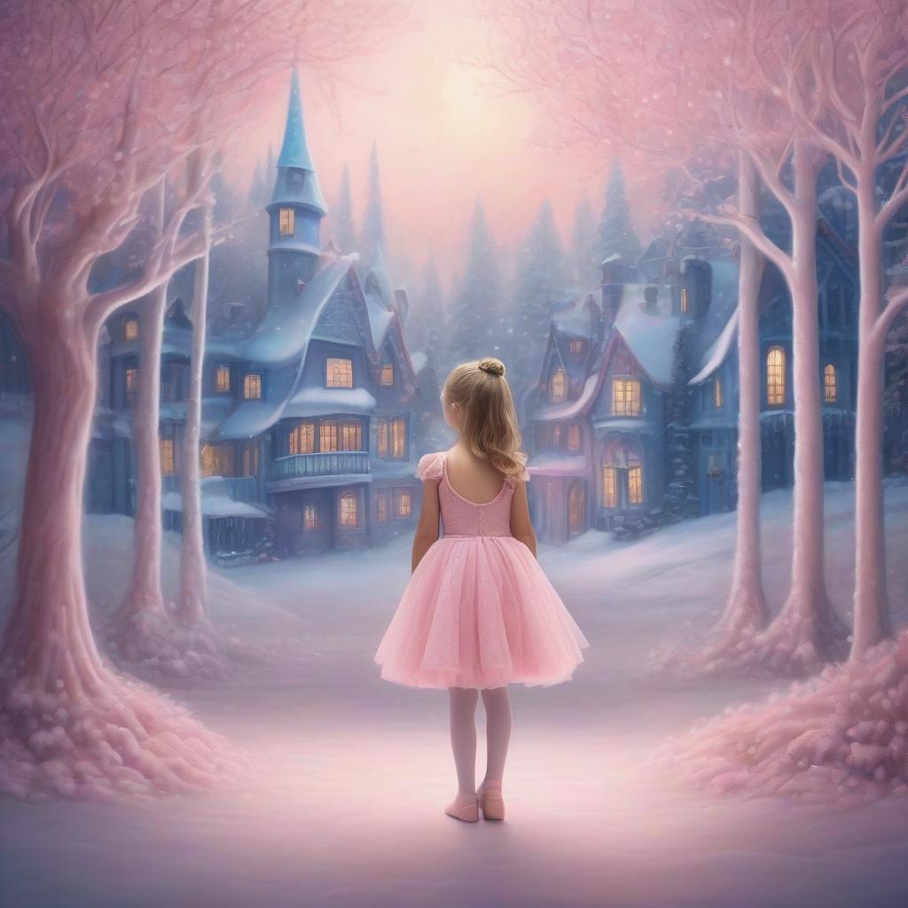  a little ballerina stands with her back under a wall of light in a pink dress, in front of her a winter fairy tale forest with houses, in blue and soft pink shades at the end of the world