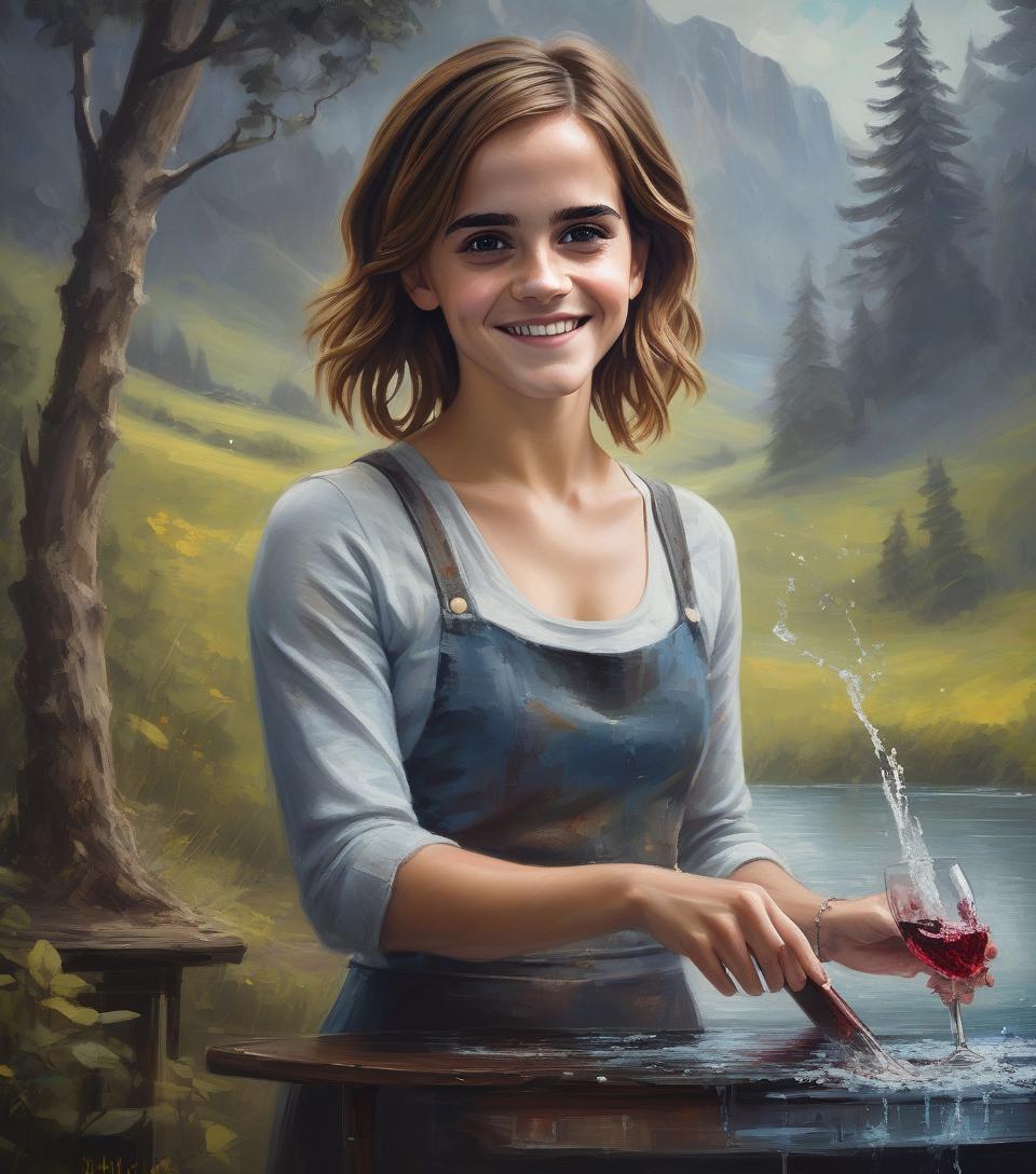  concept art an oil palette knife painting of emma watson smiling turning water into wine in the style of bob ross, impasto and chiaroscuro . digital artwork, illustrative, painterly, matte painting, highly detailed