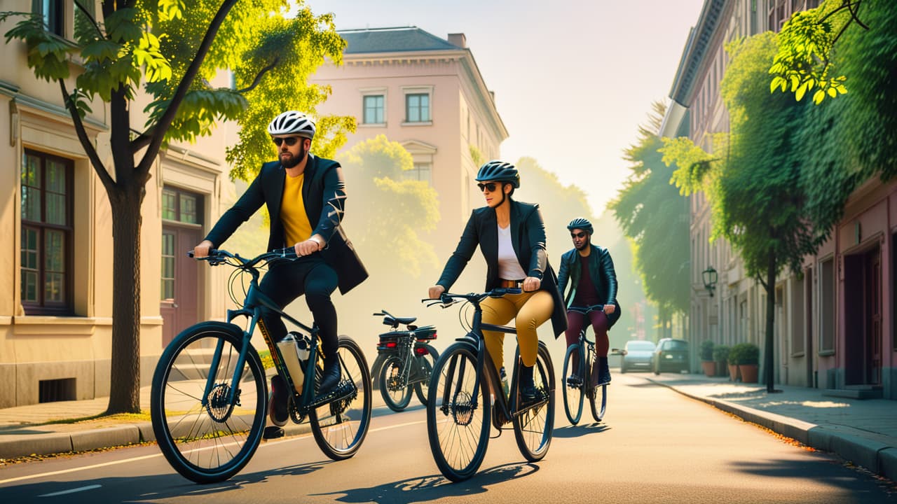  a bright, sunny urban street scene featuring a diverse group of beginner cyclists on various bike types: a hybrid bike, a comfortable cruiser, and a simple city bike, surrounded by greenery and city buildings. hyperrealistic, full body, detailed clothing, highly detailed, cinematic lighting, stunningly beautiful, intricate, sharp focus, f/1. 8, 85mm, (centered image composition), (professionally color graded), ((bright soft diffused light)), volumetric fog, trending on instagram, trending on tumblr, HDR 4K, 8K