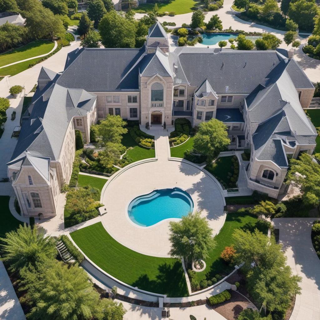  high school exterior aerial layout with lots of windows arches a courtyard in the middle with a garden, pool and rooftop art space and curb appeal, mystical style