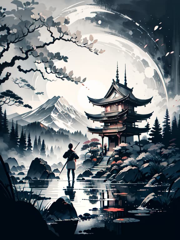  master piece, best quality, ultra detailed, highres, 4k.8k, a young samurai, performing a swift draw of the sword, focused and determined, break samurai spirit, japanese garden, koi pond, cherry blossom tree, stone lantern, break serene yet intense, monochrome with dynamic lines, white background, scenery, ink, mountains, water, trees